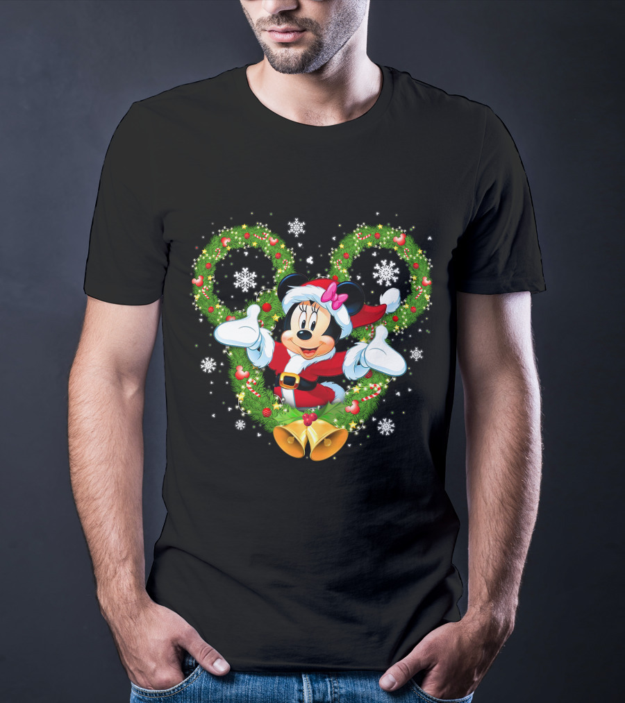 Minnie Mouse Christmas Wreath Santa Snowflakes Bow Bells T-Shirt