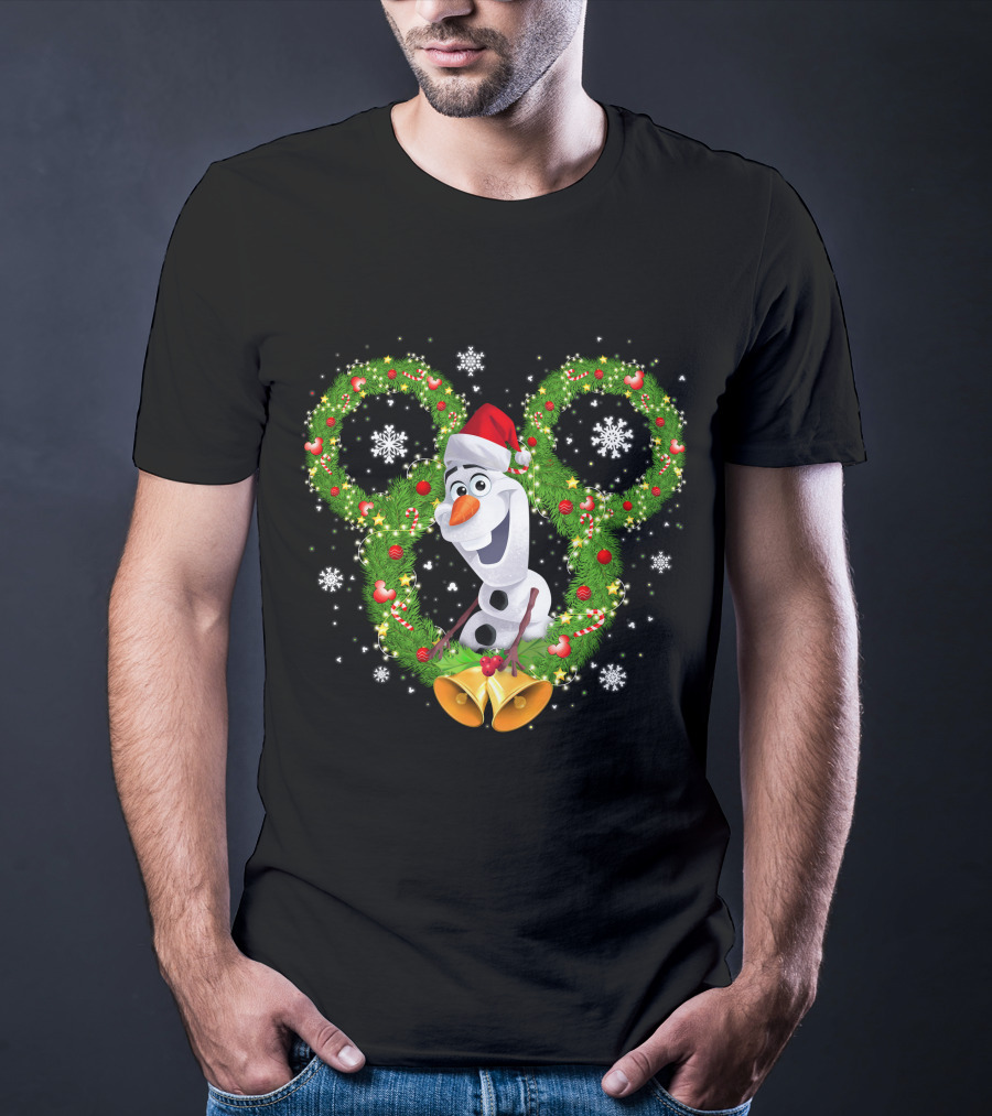 Olaf Frozen Christmas Mickey Wreath With Snowflakes And Santa Hat T-Shirt