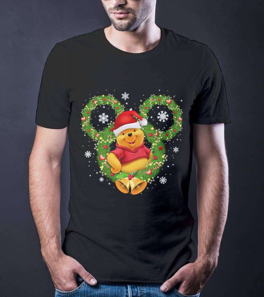 Winnie The Pooh Christmas Mickey Wreath Santa Hat Snowflakes T-Shirt
