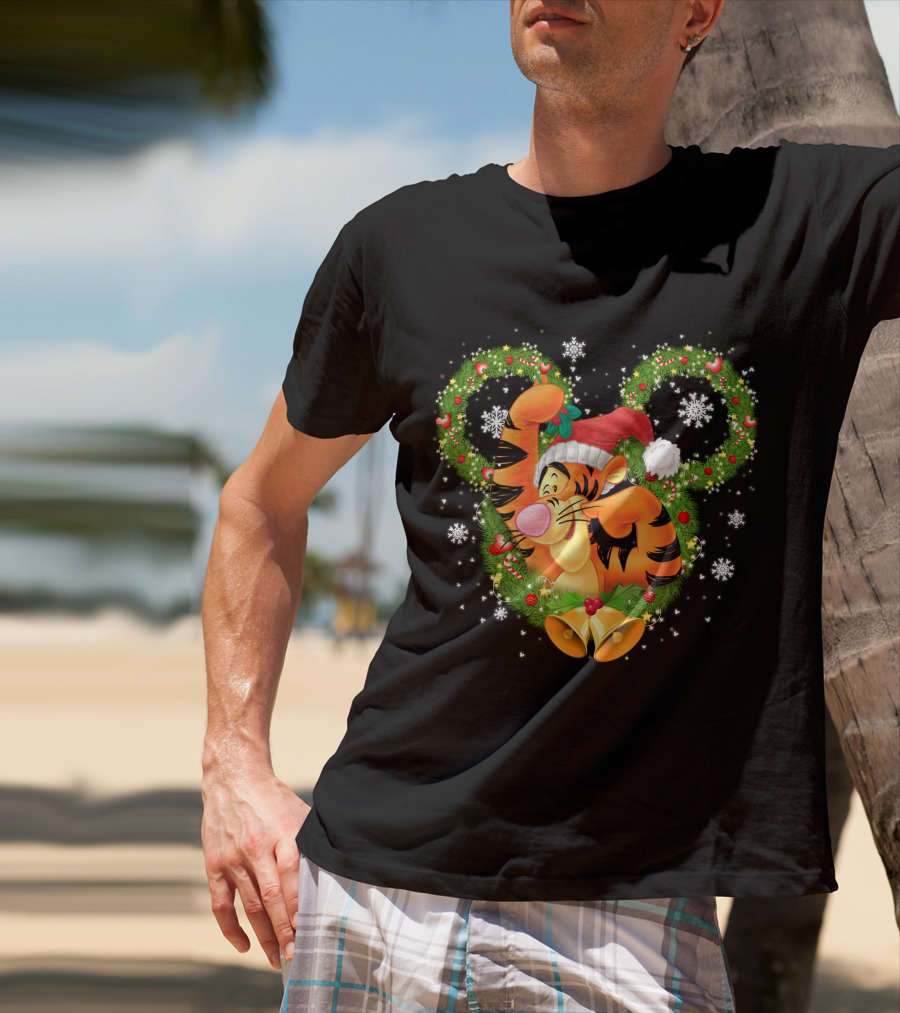 Tigger Christmas Mickey Ears Snowflakes Santa Hat Wreath T-Shirt