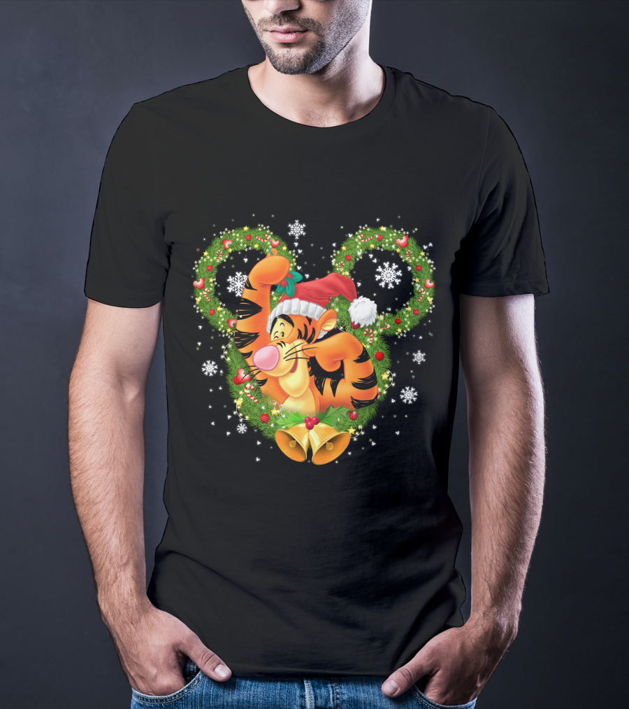 Tigger Christmas Mickey Ears Snowflakes Santa Hat Wreath T-Shirt