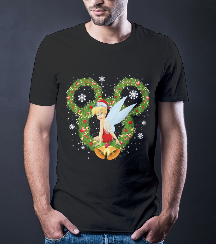 Tinker Bell Christmas Wreath With Santa Hat And Snowflakes T-Shirt