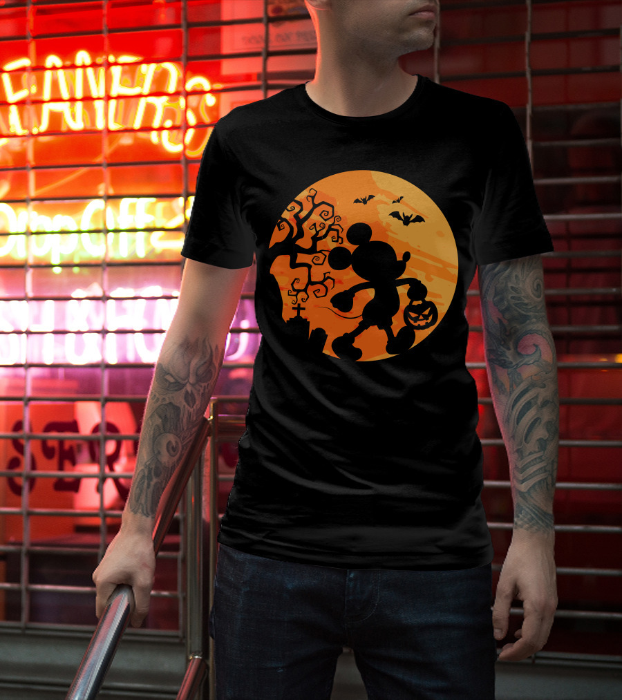 Halloween 54 Mickey Mouse Silhouette With Pumpkin And Bats T-Shirt
