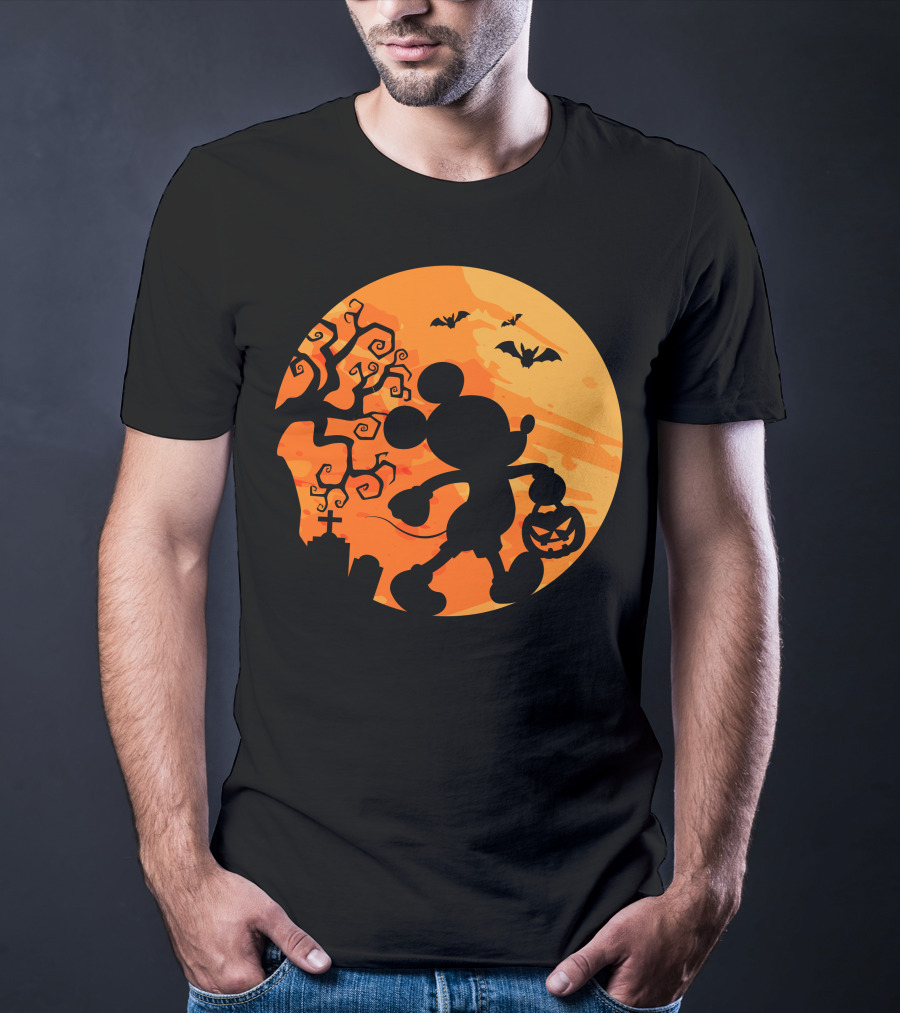 Halloween 54 Mickey Mouse Silhouette With Pumpkin And Bats T-Shirt
