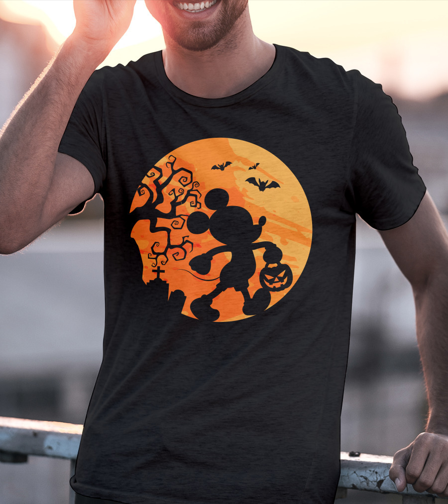 Halloween 54 Mickey Mouse Silhouette With Pumpkin And Bats T-Shirt