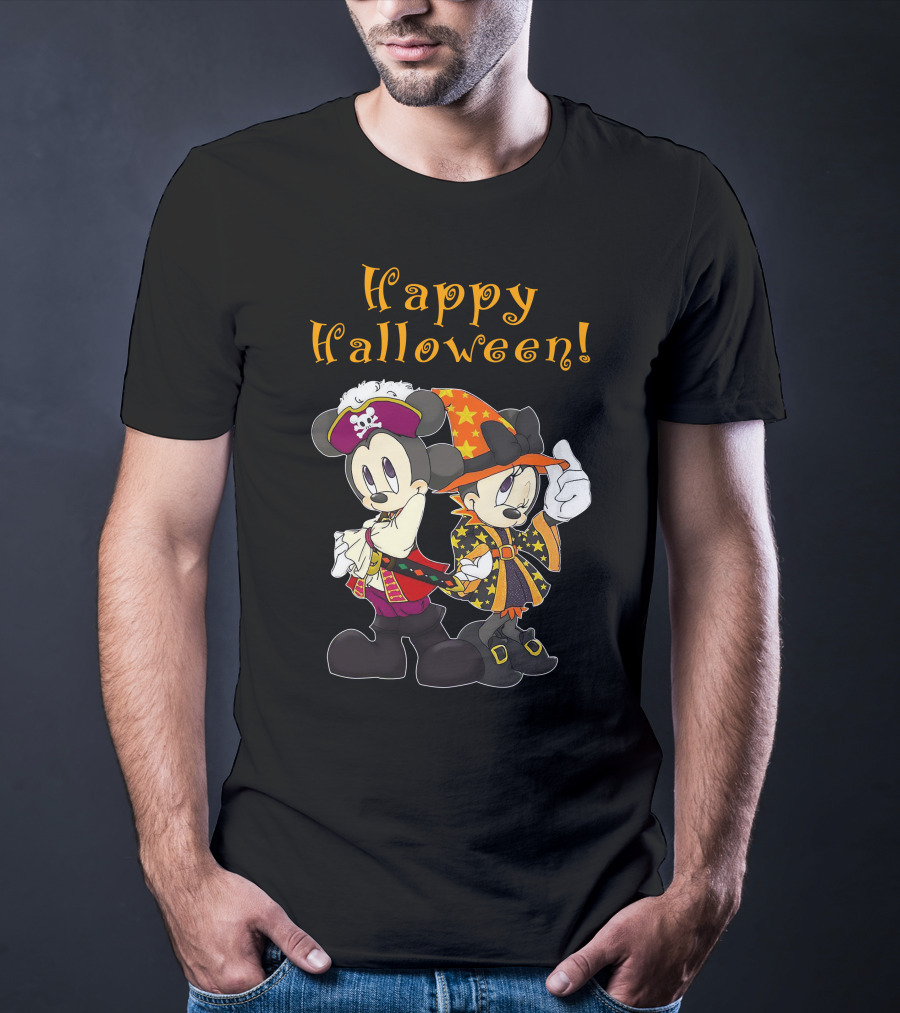 Happy Halloween Mickey And Minnie Mouse Pirate And Witch Costume T-Shirt