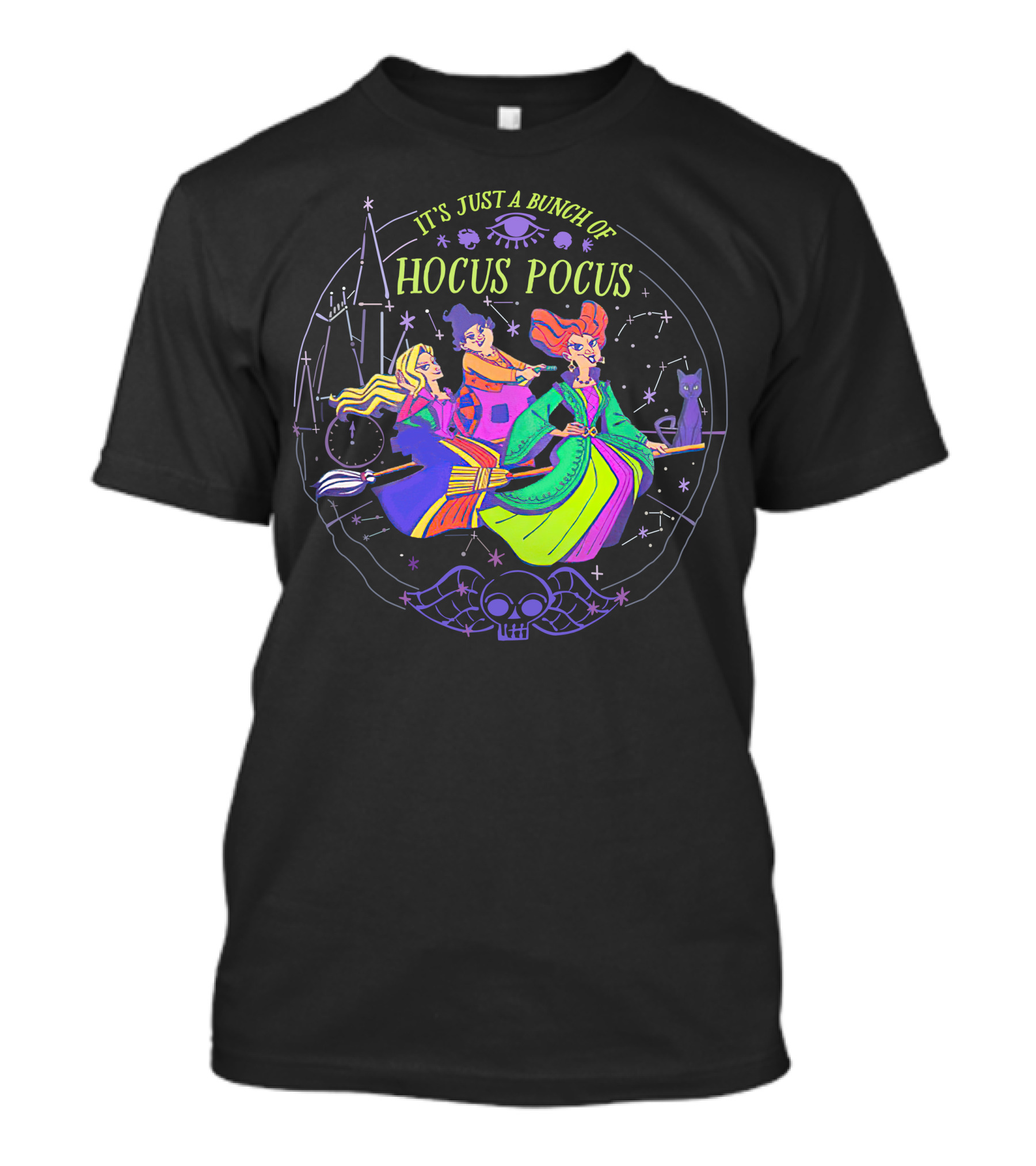 Hocus Pocus It's Just A Bunch Of Witches Flying With Magical Symbols And Black Cat T-Shirt