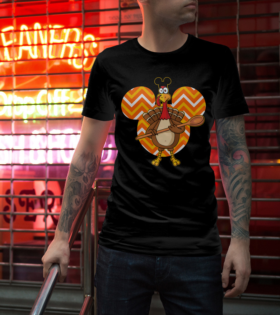 Thanksgiving Turkey With Spoon And Mickey Ears On Chevron T-Shirt