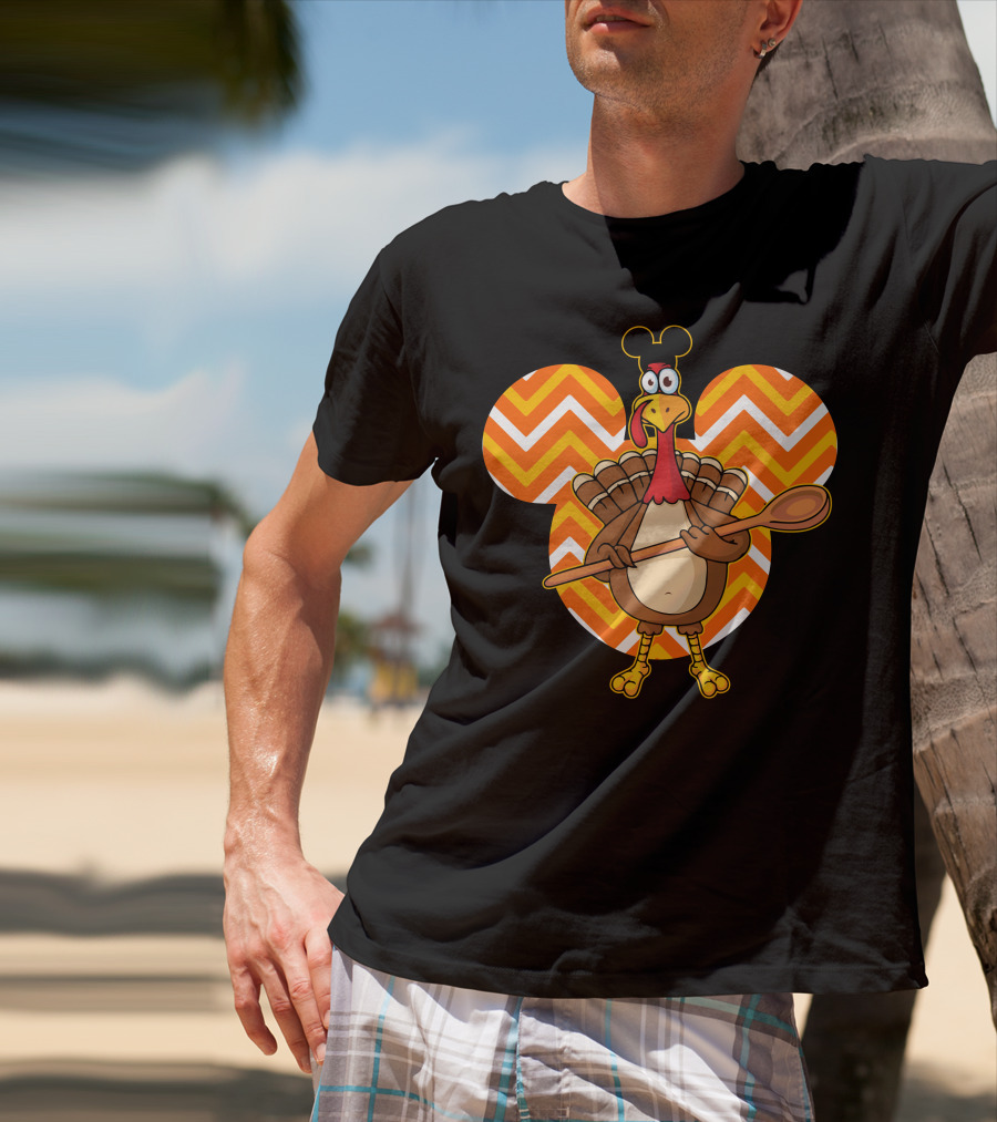 Thanksgiving Turkey With Spoon And Mickey Ears On Chevron T-Shirt