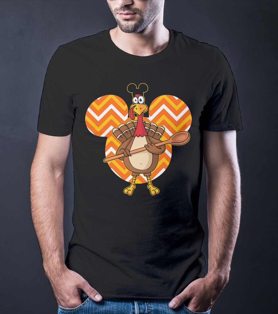 Thanksgiving Turkey With Spoon And Mickey Ears On Chevron T-Shirt