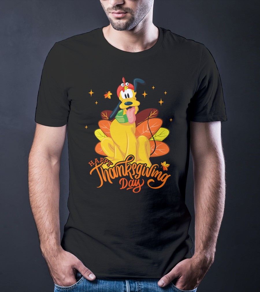 Happy Thanksgiving Day Pluto Turkey Costume Autumn Leaves Stars T-Shirt