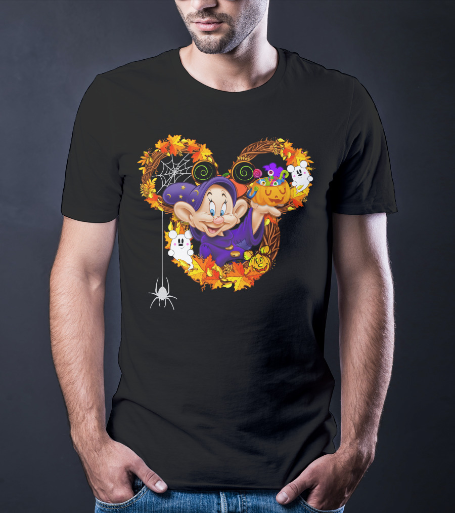 Dopey Halloween Mickey Ears Autumn Leaves Ghosts And Pumpkins T-Shirt