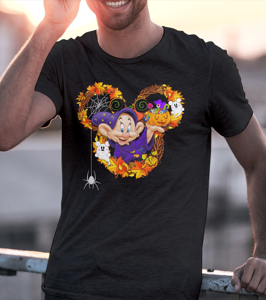 Dopey Halloween Mickey Ears Autumn Leaves Ghosts And Pumpkins T-Shirt