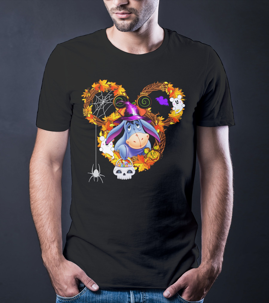 Eeyore Halloween Wreath With Witch Hat And Candy Skulls T-Shirt