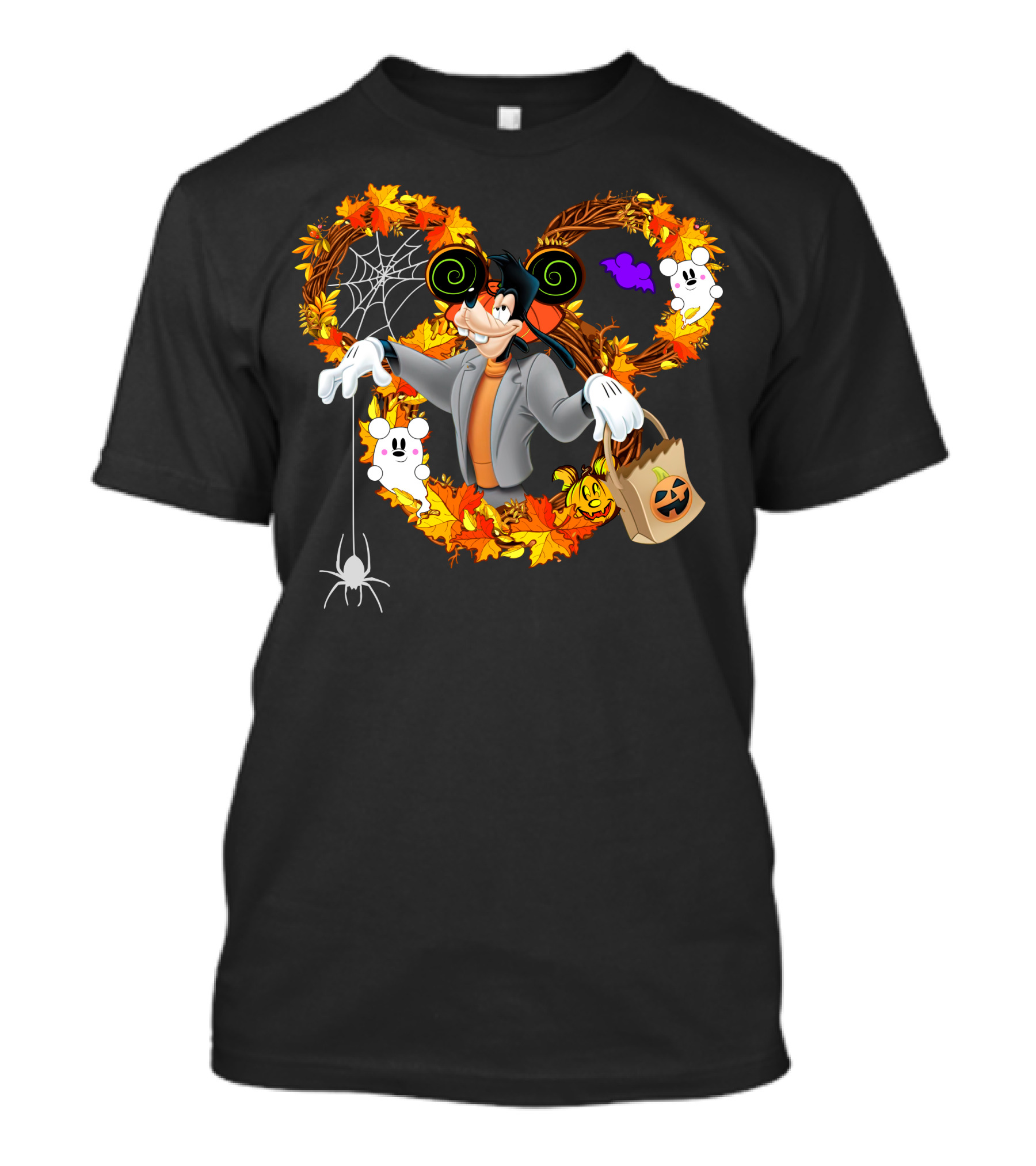 Halloween Goofy In Heart Of Autumn Leaves With Ghosts And Spider T-Shirt