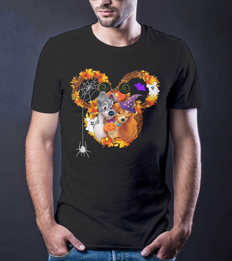 Lady And The Tramp Halloween Wreath With Pumpkins And Ghosts T-Shirt