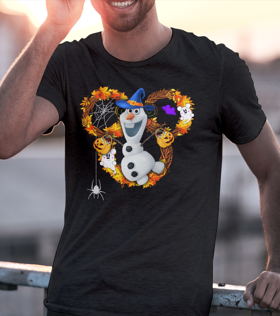 Olaf Halloween Witch Hat Pumpkin Candy Ghosts Spider Web Fall Leaves T-Shirt