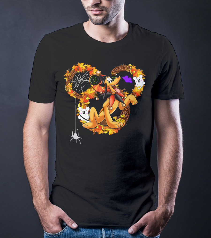 Pluto Halloween Autumn Wreath With Ghosts And Spiderweb T-Shirt