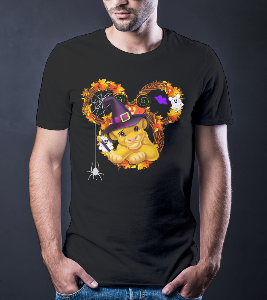 Simba Halloween Wreath With Witch Hat And Autumn Leaves T-Shirt