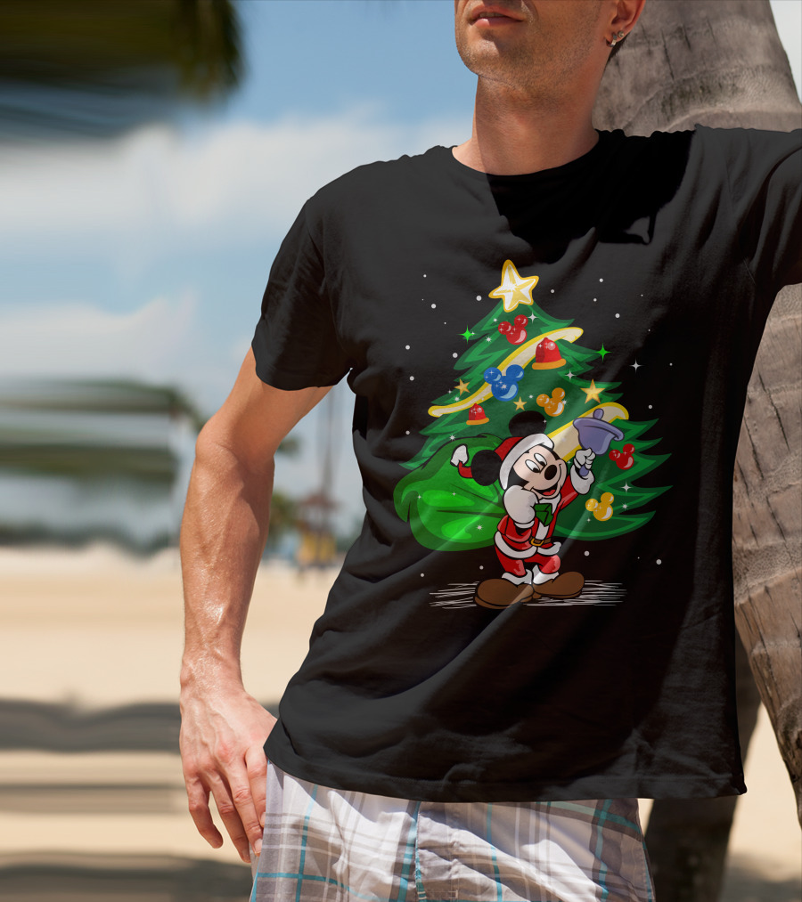Mickey Mouse Santa With Christmas Tree And Ornaments T-Shirt