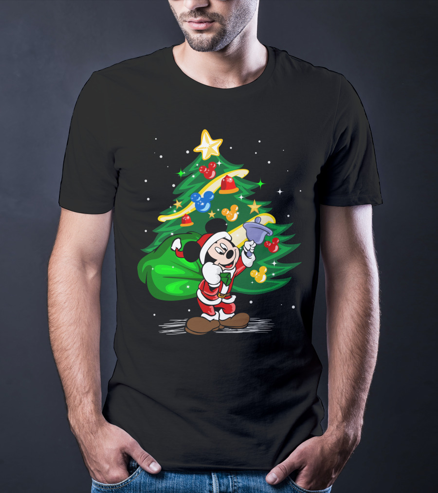 Mickey Mouse Santa With Christmas Tree And Ornaments T-Shirt