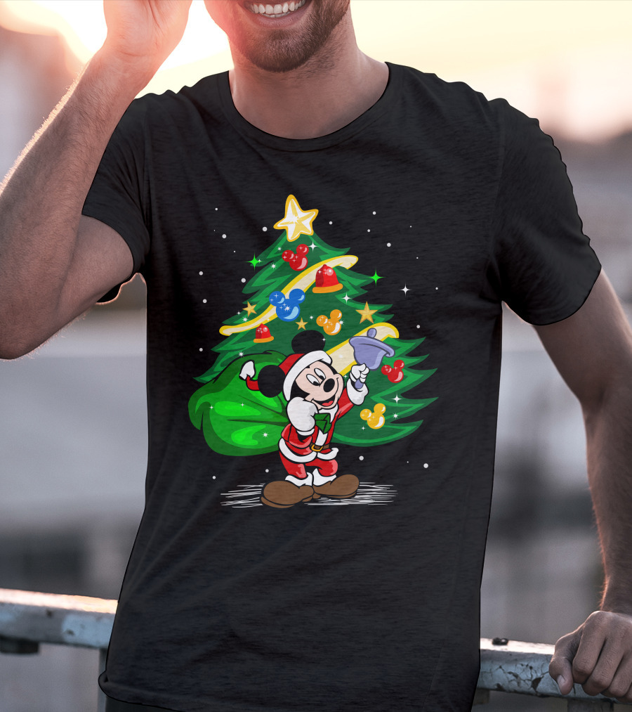 Mickey Mouse Santa With Christmas Tree And Ornaments T-Shirt