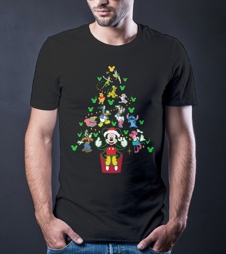 Merry Christmas 42 Disney Characters Tree Mickey Mouse Santa Minnie Stitch Tinker Bell Goofy Pluto Dumbo Winnie The Pooh T-Shirt