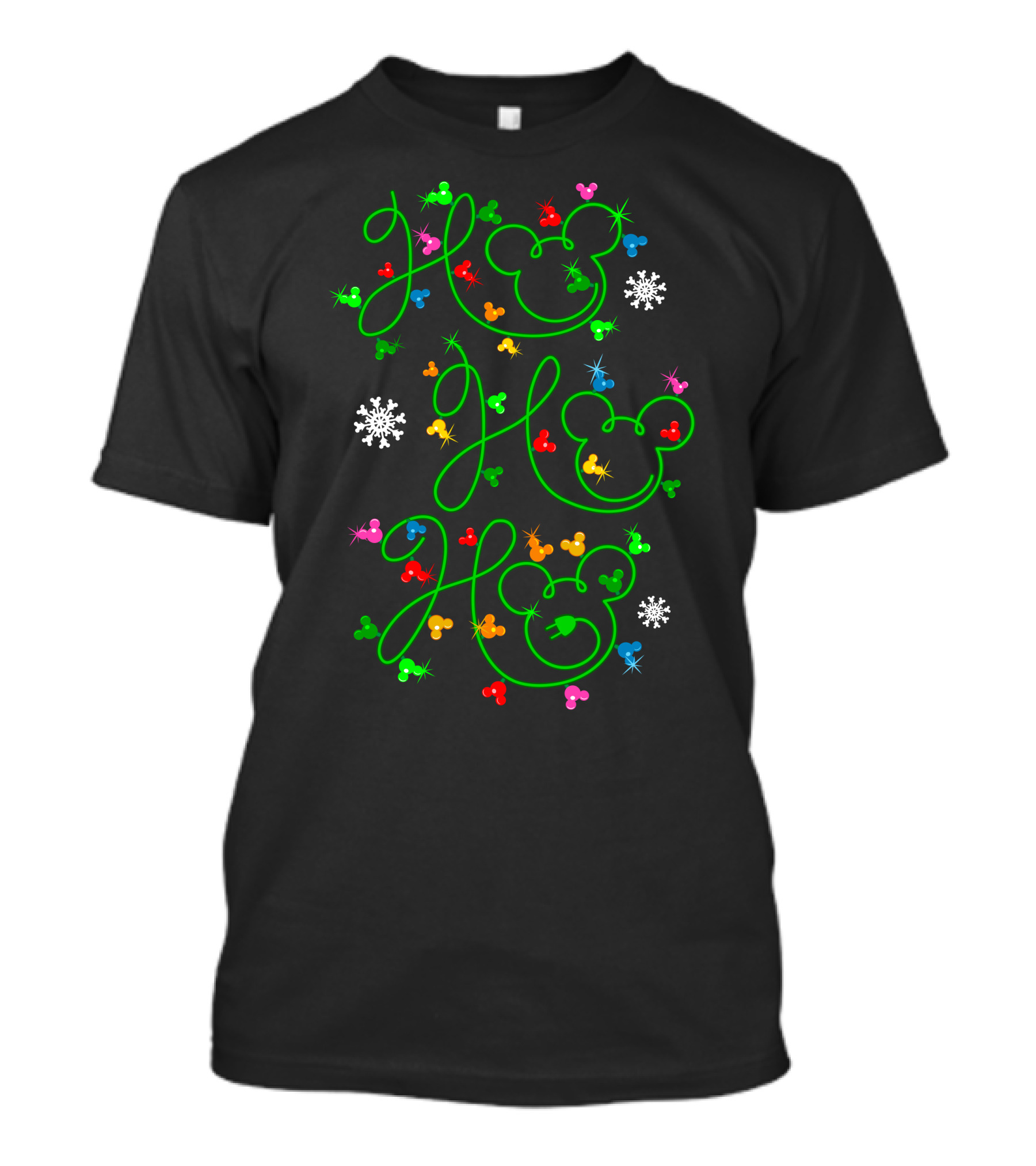 Ho Ho Ho Merry Christmas 54 Mickey Mouse Ears Snowflakes Colorful Ornaments T-Shirt
