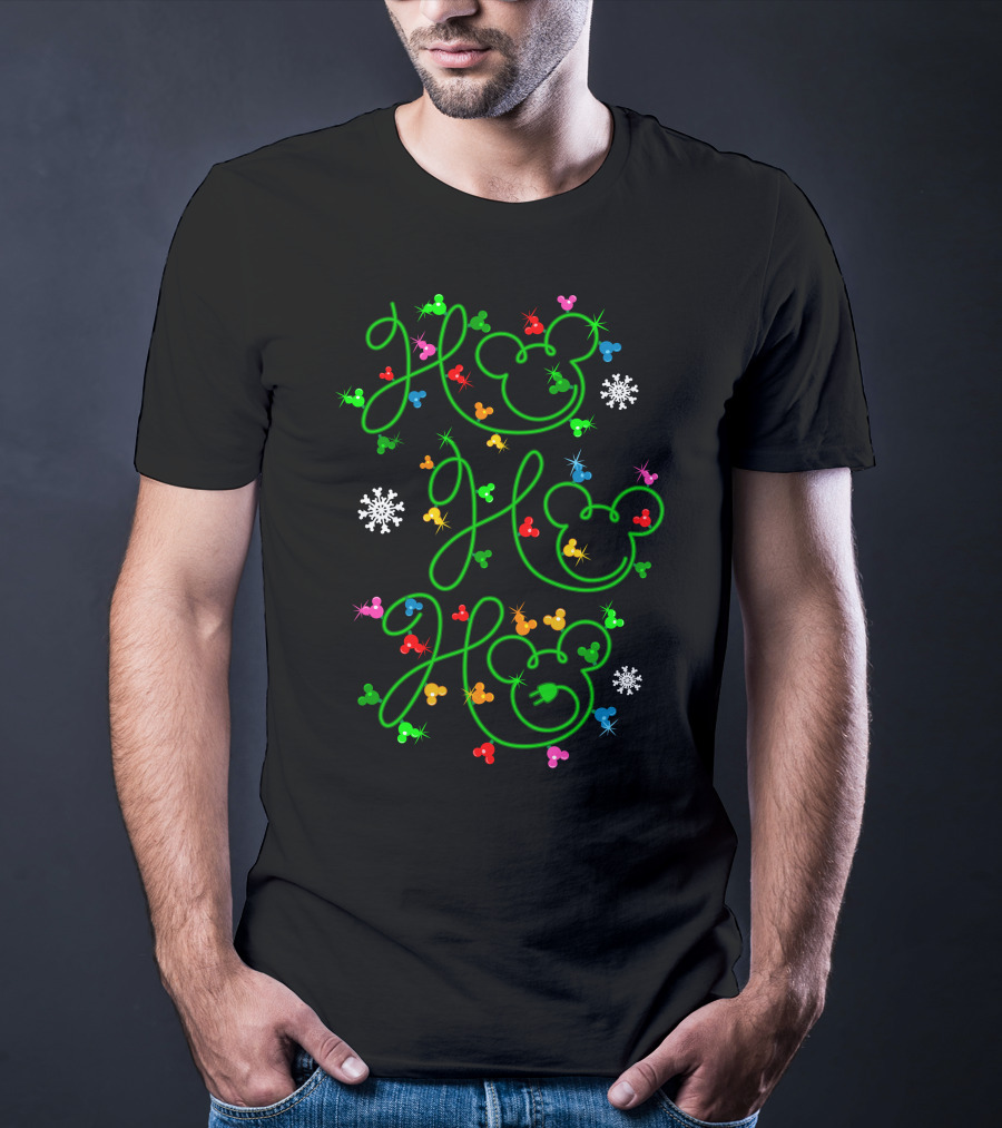 Ho Ho Ho Merry Christmas 54 Mickey Mouse Ears Snowflakes Colorful Ornaments T-Shirt