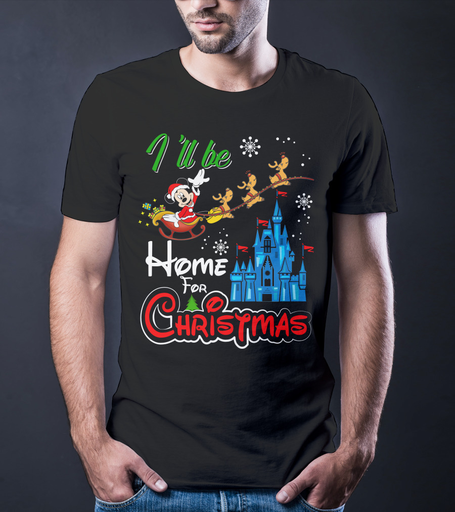 I'll Be Home For Christmas Mickey Mouse Santa Sleigh Castle Reindeer Snowflakes T-Shirt