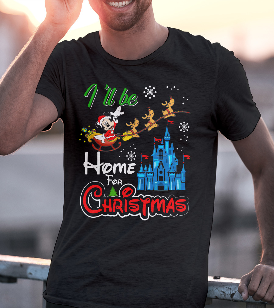 I'll Be Home For Christmas Mickey Mouse Santa Sleigh Castle Reindeer Snowflakes T-Shirt