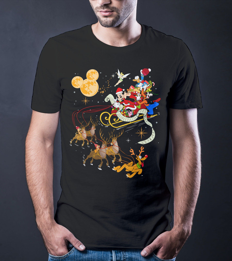 Mickey And Friends Christmas Sleigh Ride With Santa And Reindeer T-Shirt