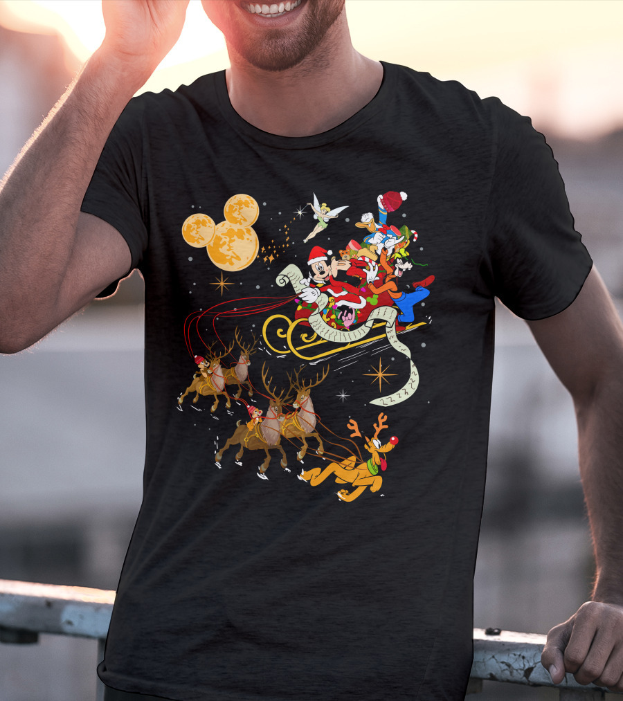 Mickey And Friends Christmas Sleigh Ride With Santa And Reindeer T-Shirt
