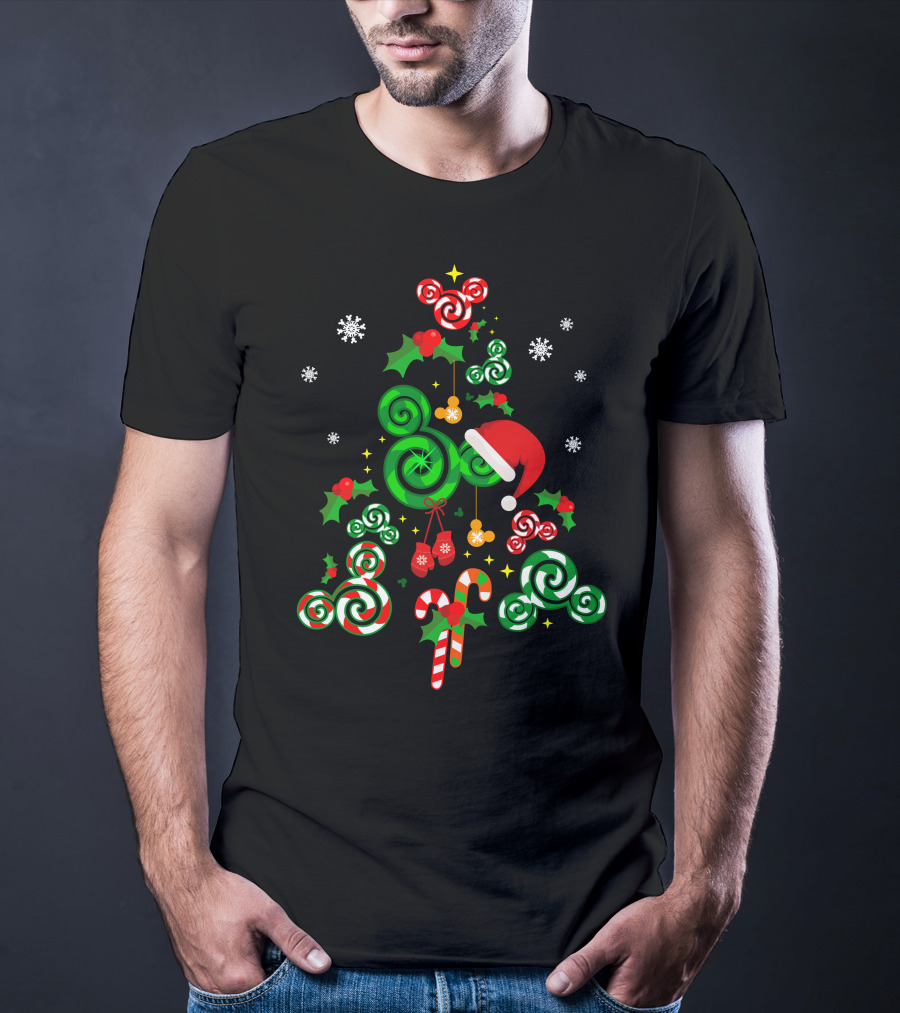 Merry Christmas 24 Candy Cane Tree With Santa Hat And Snowflakes T-Shirt