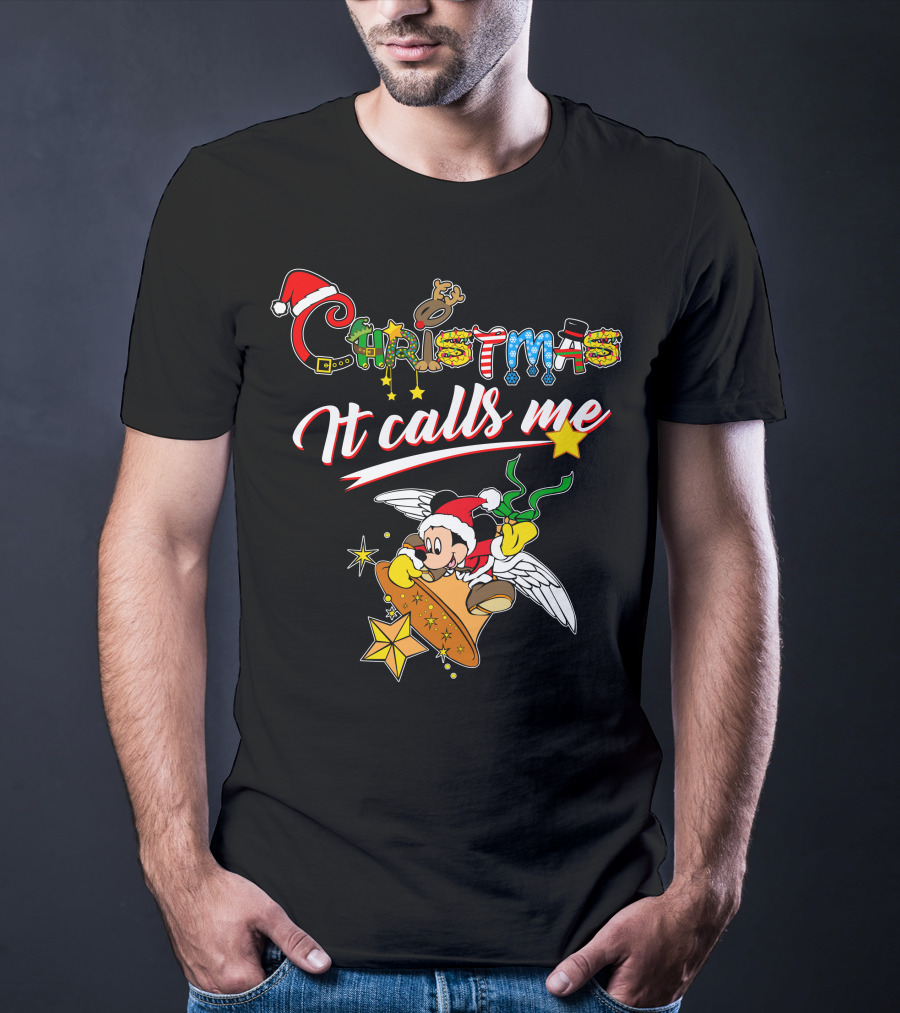 Christmas It Calls Me Mickey Santa Hat Winged Bell T-Shirt