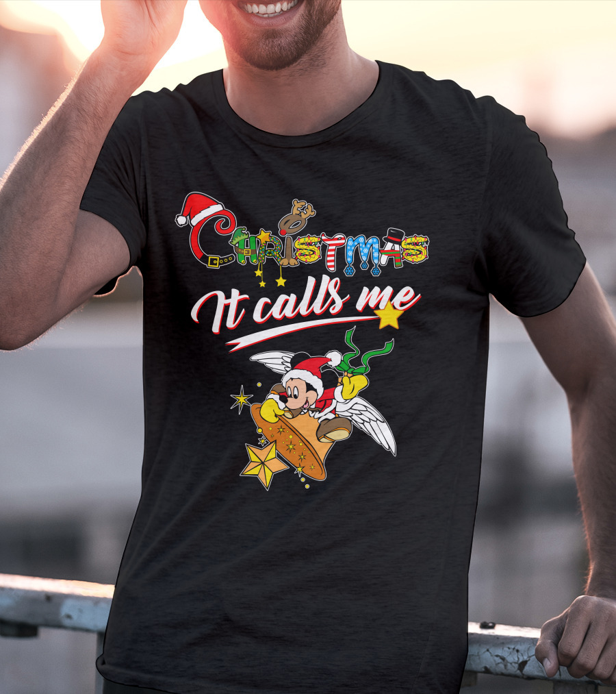 Christmas It Calls Me Mickey Santa Hat Winged Bell T-Shirt