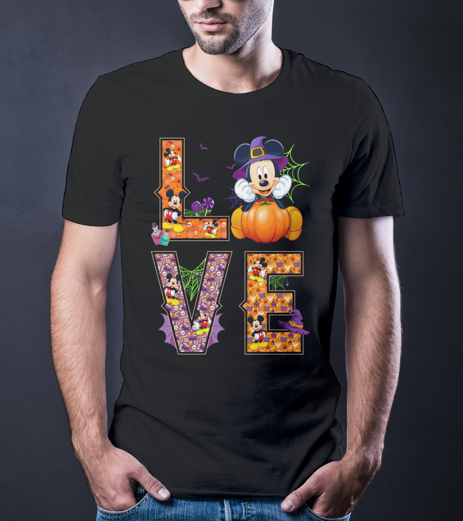 Love Halloween Mickey Mouse Pumpkin Witch Hat Spooky Bats T-Shirt