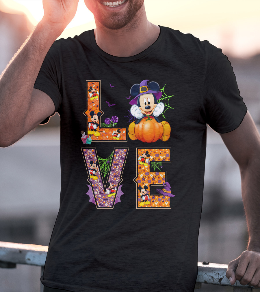 Love Halloween Mickey Mouse Pumpkin Witch Hat Spooky Bats T-Shirt