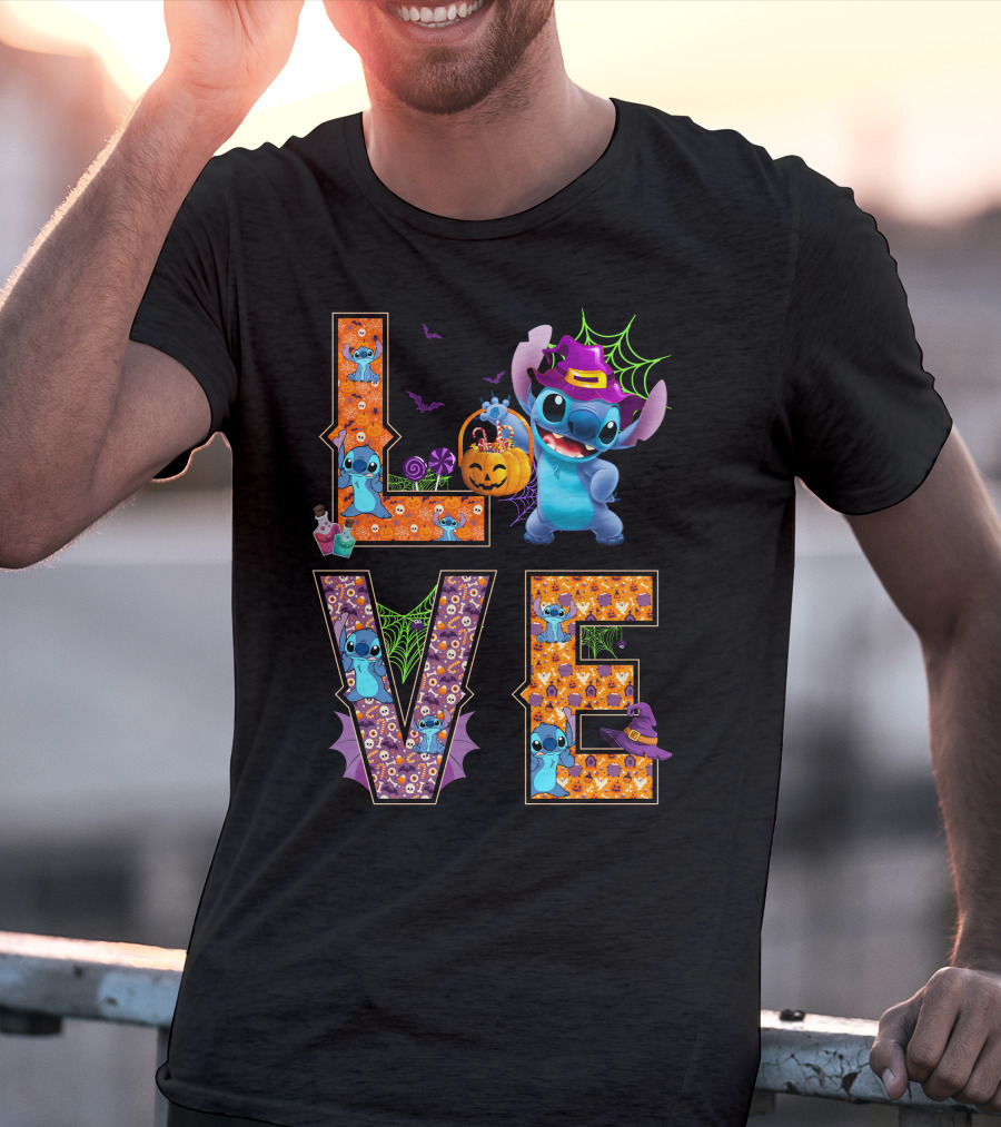 Love Stitch Halloween Theme With Pumpkin And Spiderwebs T-Shirt
