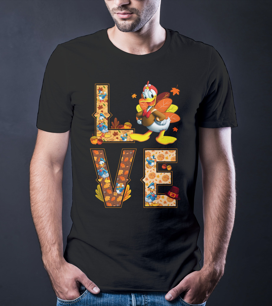 Love Thanksgiving Donald Duck Turkey Autumn Leaves Pumpkins T-Shirt