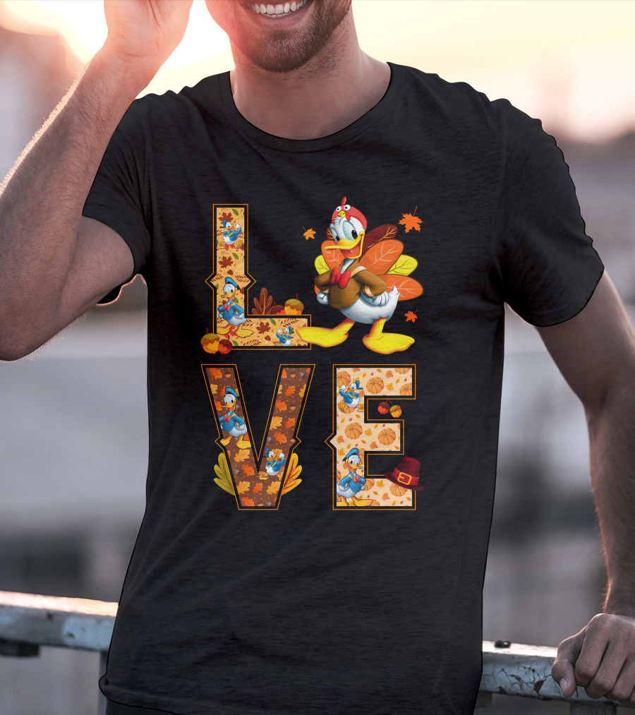 Love Thanksgiving Donald Duck Turkey Autumn Leaves Pumpkins T-Shirt