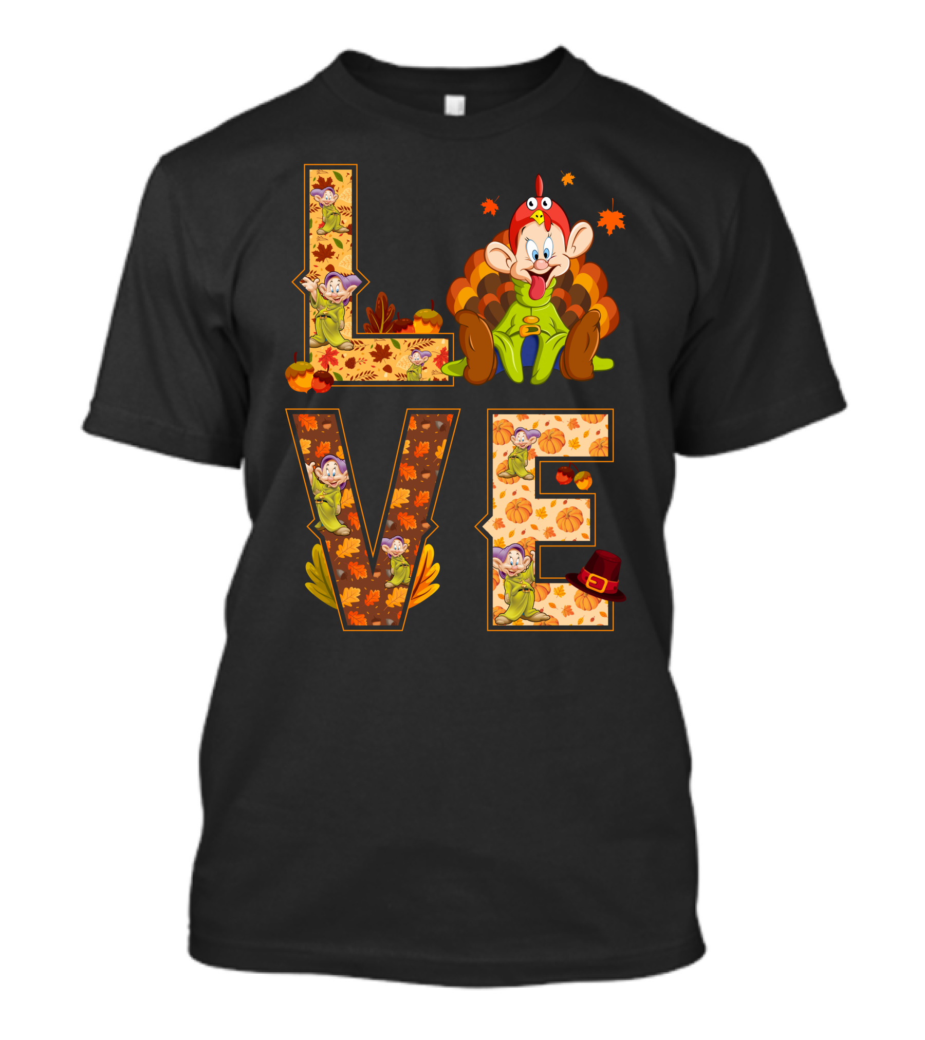 Love Thanksgiving Dopey Characters And Autumn Leaves T-Shirt