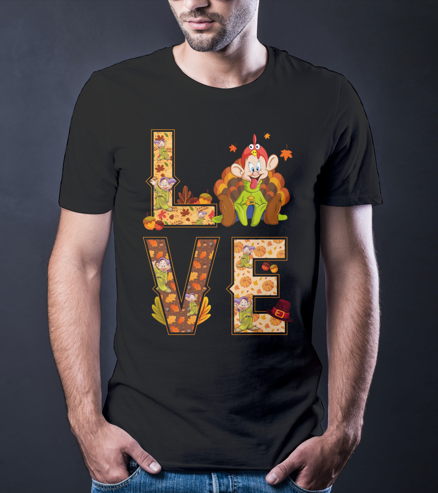 Love Thanksgiving Dopey Characters And Autumn Leaves T-Shirt