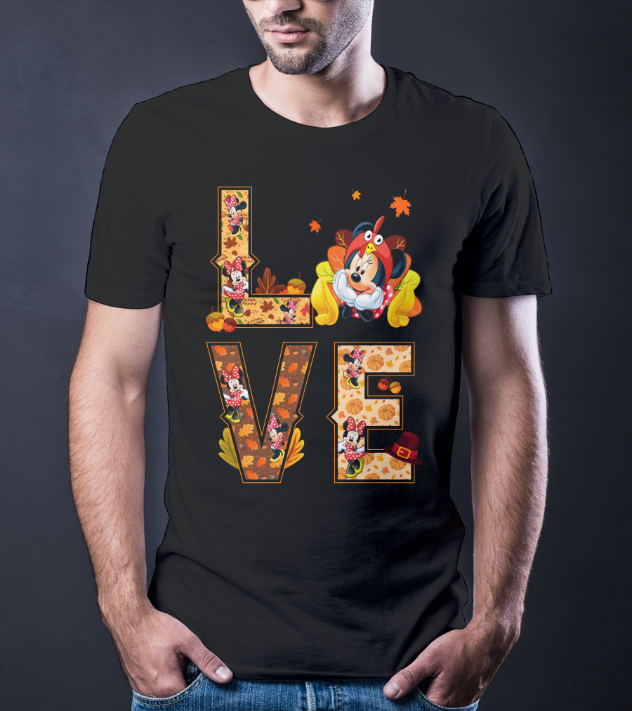 Autumn Love Minnie Mouse Fall Theme With Leaves And Pumpkins T-Shirt
