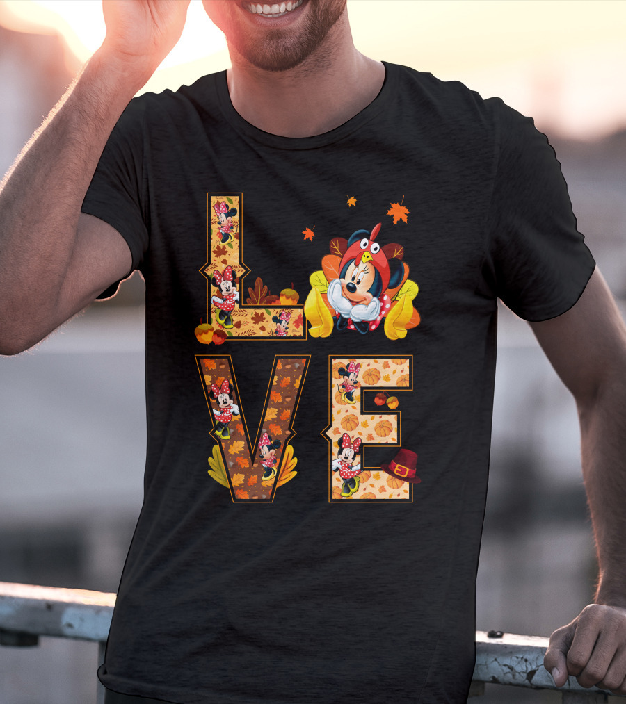 Autumn Love Minnie Mouse Fall Theme With Leaves And Pumpkins T-Shirt