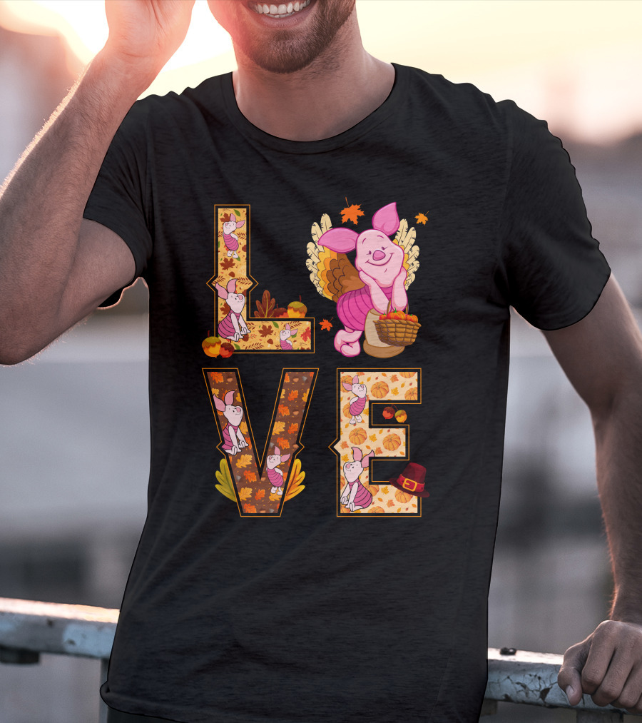Piglet Love Autumn Harvest Thanksgiving Pumpkin Leaves T-Shirt