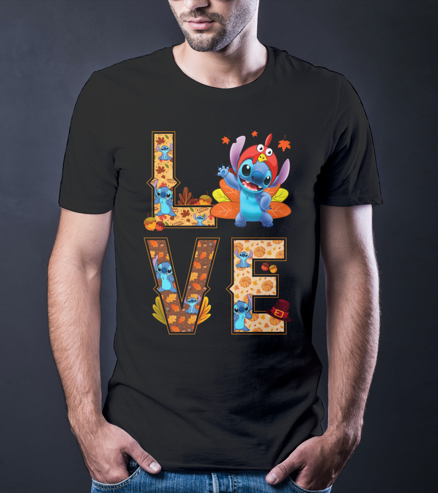 Love Stitch Thanksgiving Autumn Leaves Pumpkins Turkey Hat T-Shirt