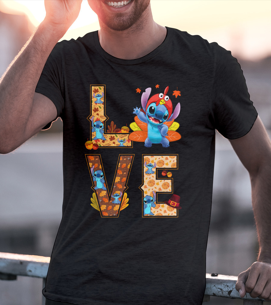 Love Stitch Thanksgiving Autumn Leaves Pumpkins Turkey Hat T-Shirt