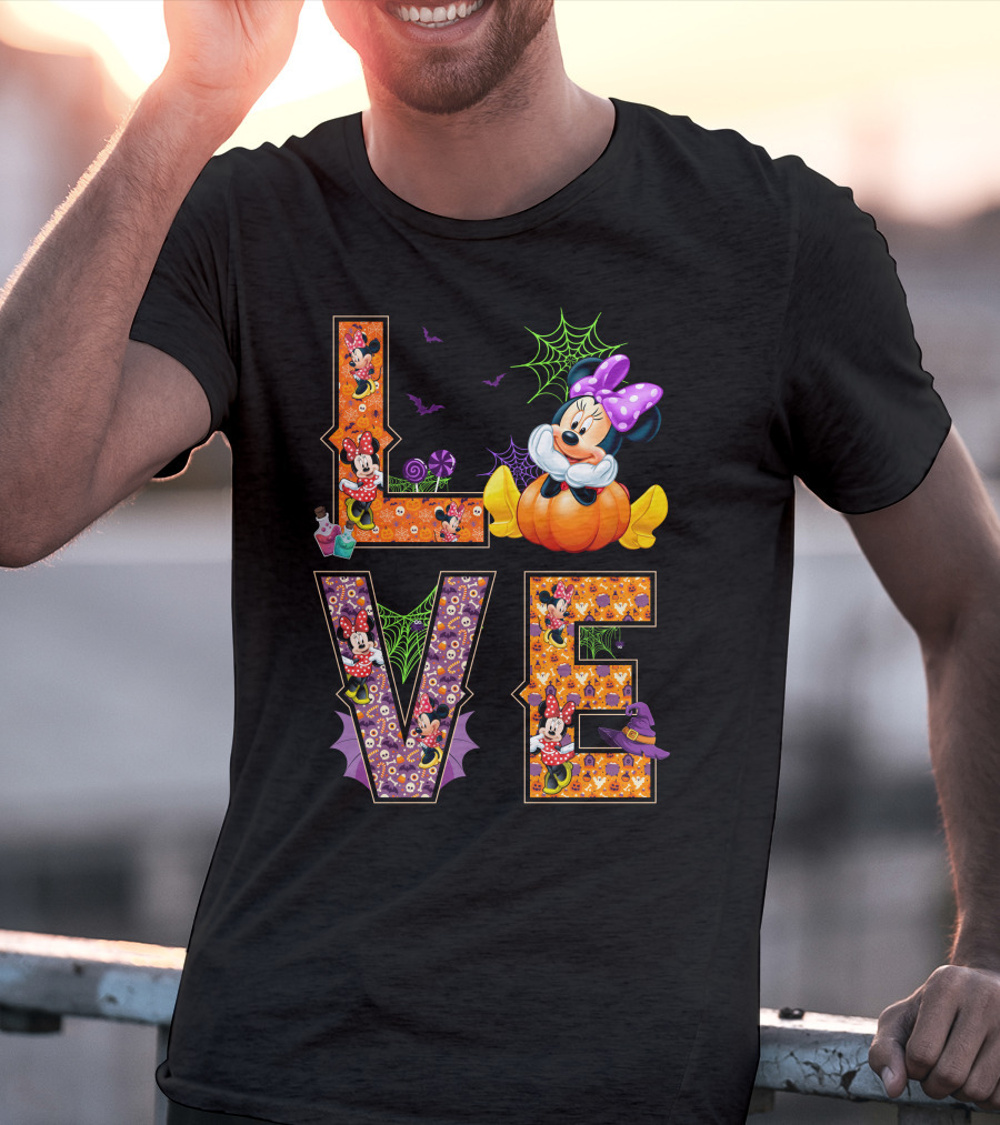 Love Minnie Halloween Pumpkin Bats Spiderwebs Bow T-Shirt