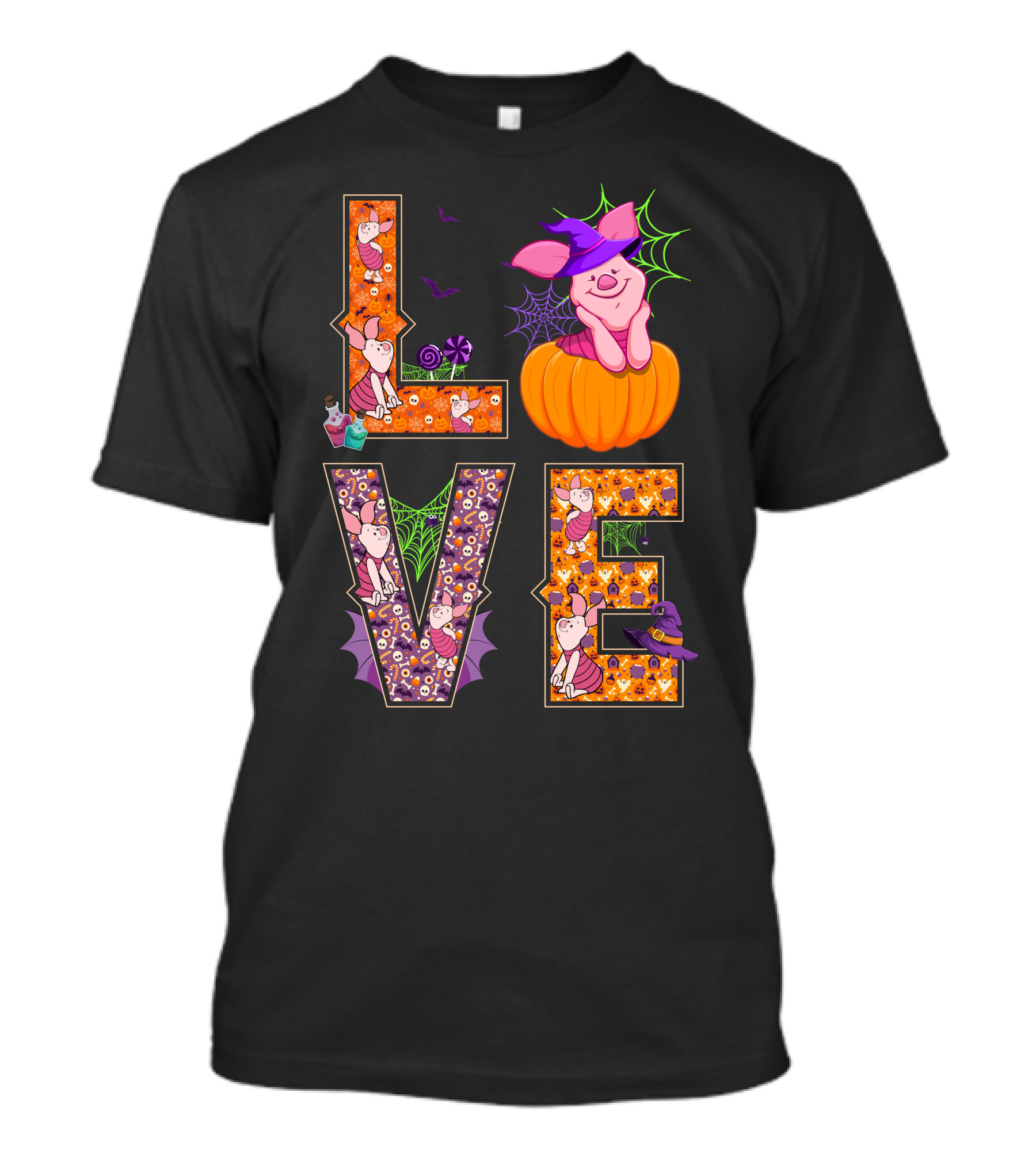 Love Piglet Halloween Pumpkin Bat Spiderwebs T-Shirt